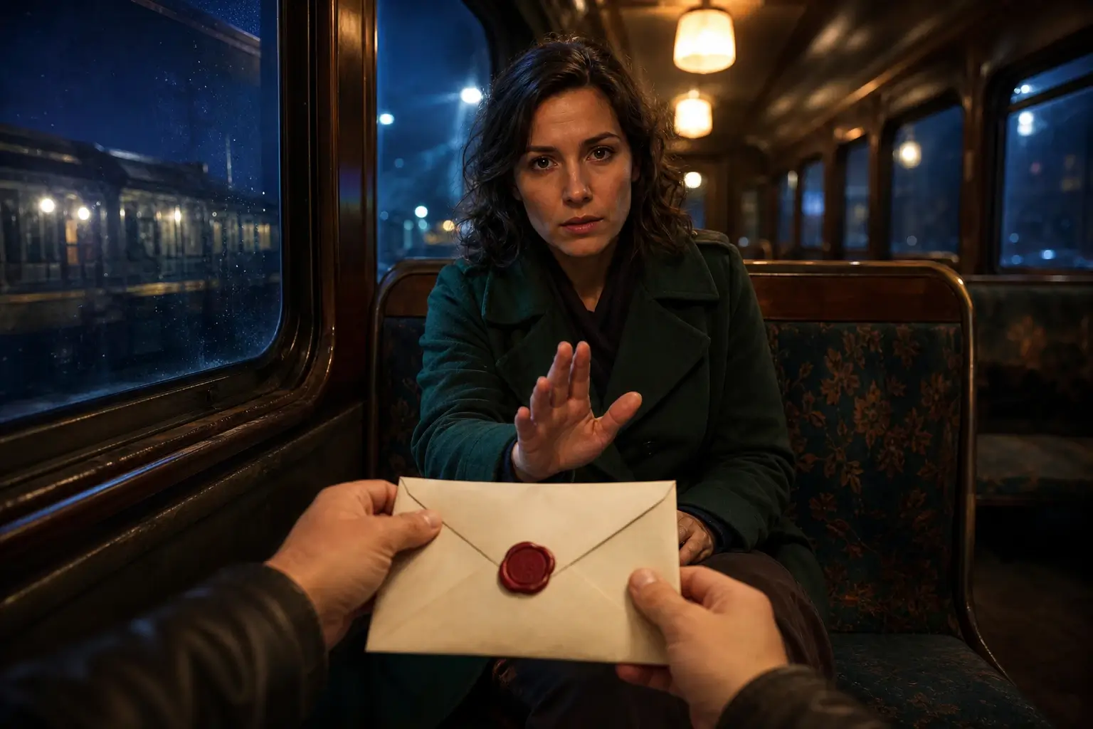 AI adventure scene illustration of a fictional woman opposite the player on the last train.
