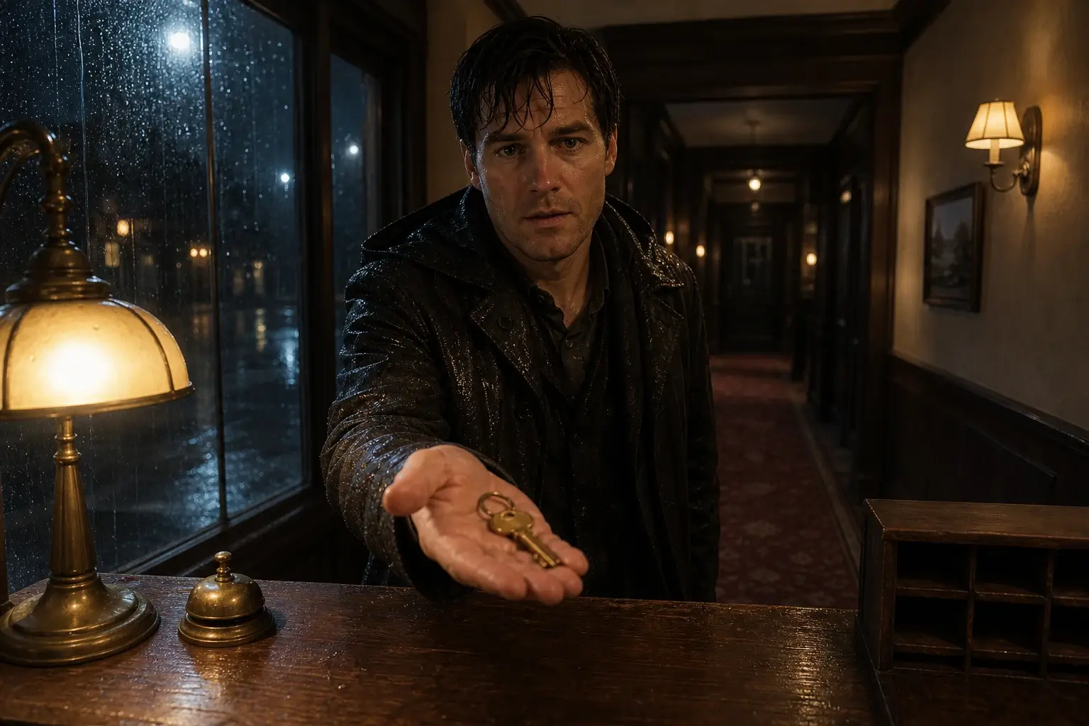 Choose your own adventure scene illustration: a fictional guest offers the player an unexpected hotel key.